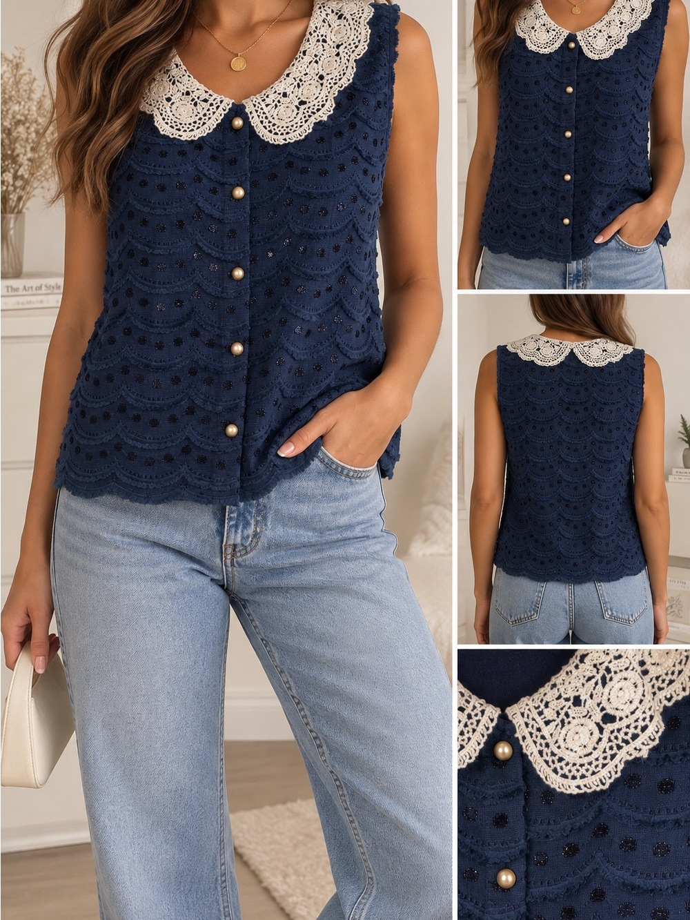 Connect Toi Navy Eyelet Lace Peter Pan Collar Sleeveless Blouse S